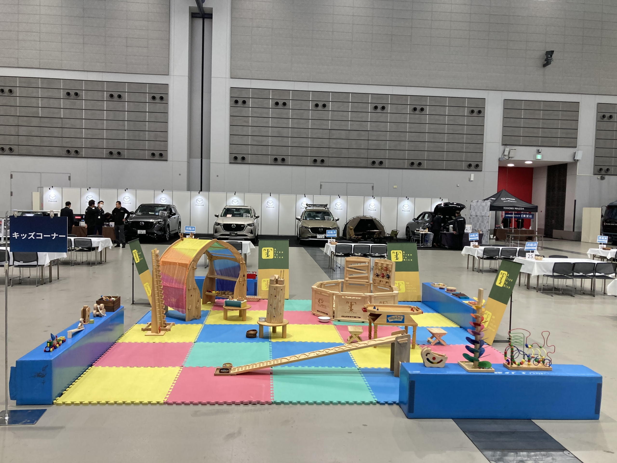 夢メッセみやぎで開催された東北マツダ特別展示会にて、おままごとついたてや木のボールプールで遊ぶ子どもたちの様子