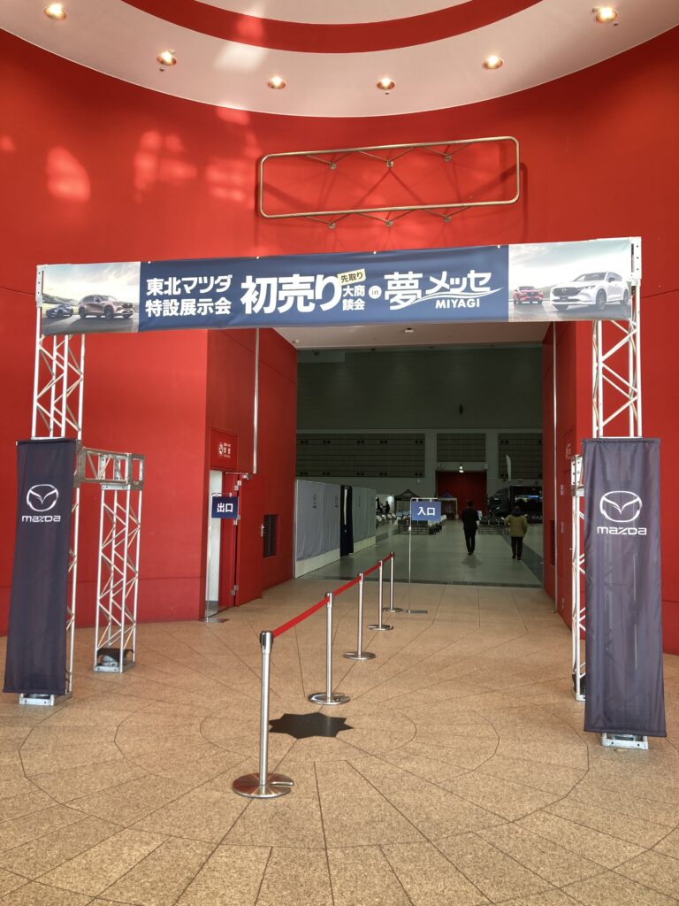 夢メッセみやぎで開催された東北マツダ特別展示会にて、おままごとついたてや木のボールプールで遊ぶ子どもたちの様子