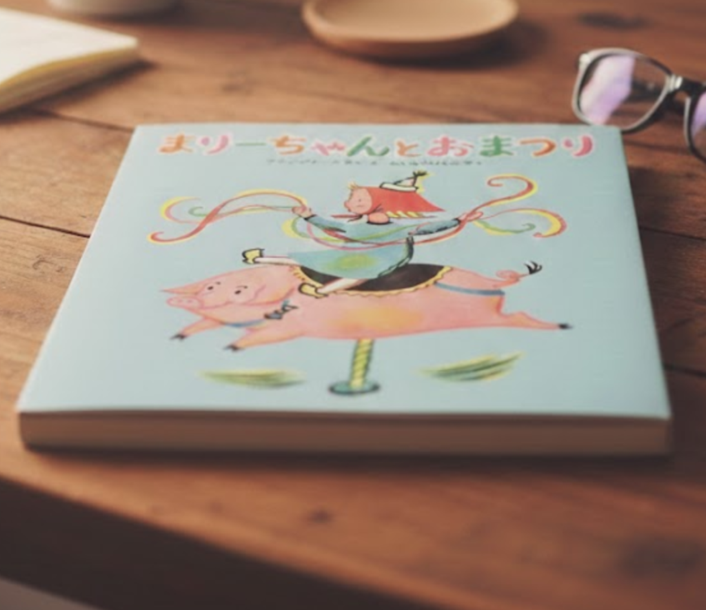 木育広場里山エスクエラの黒板に描かれた、絵本「まりーちゃんとおまつり」のキャラクターたちのチョークアート