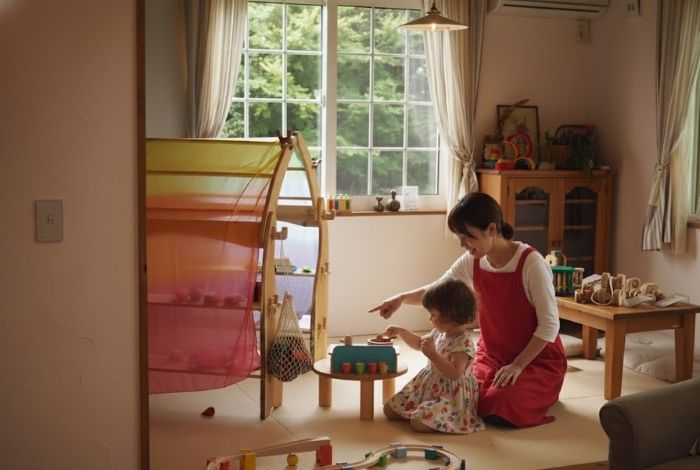 おもちゃコンサルタントが子どもたちと木製玩具で遊ぶ様子。